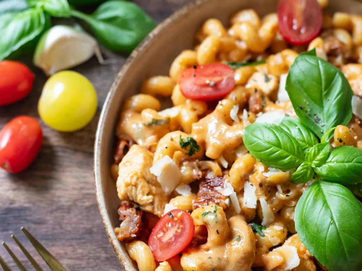 A bowl of creamy pasta with cherry tomatoes and fresh basil on a rustic table