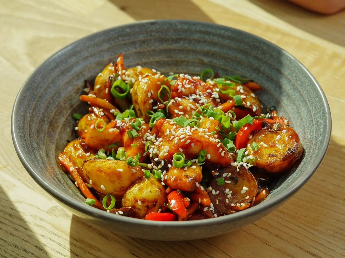 A bowl of roasted vegetables topped with sesame seeds and scallions